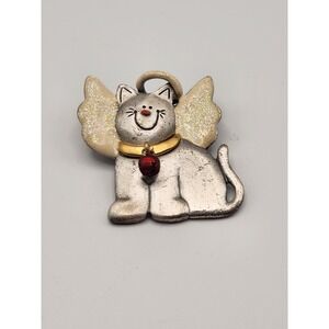 AJMC Purrfect Angel Cat Brooch Vintage Silver Tone Glitter Wings Christmas Pin